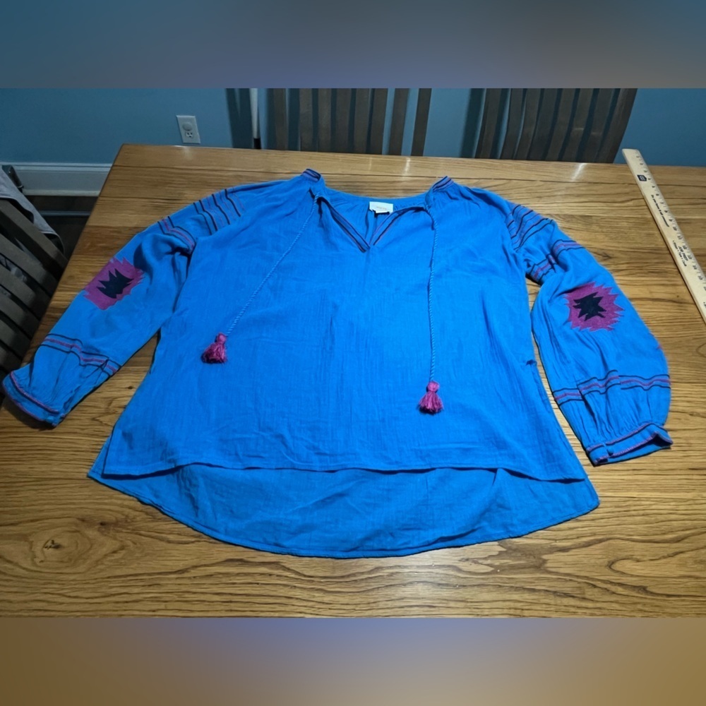 Maeve Embroidered Blue Boho Top XL V-Neck W/Tassels